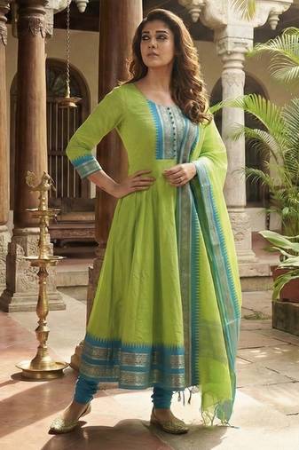 Perrot embroidered with jaquard  kanchi cotton maxi kurti dupatta set