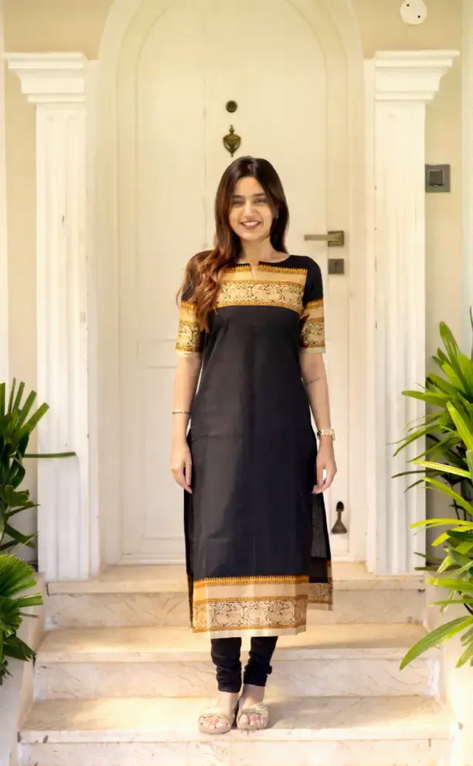 Black jaquard  kanchi cotton maxi kurti dupatta set