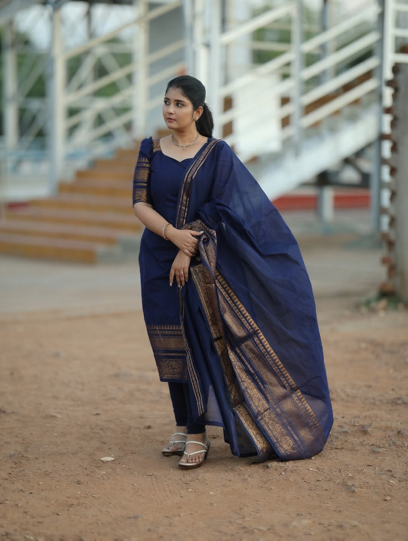 Black jaquard  kanchi cotton maxi kurti dupatta set