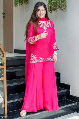 Designer hot pink embroidered crepe sharara suit set with nazmin dupatta for women