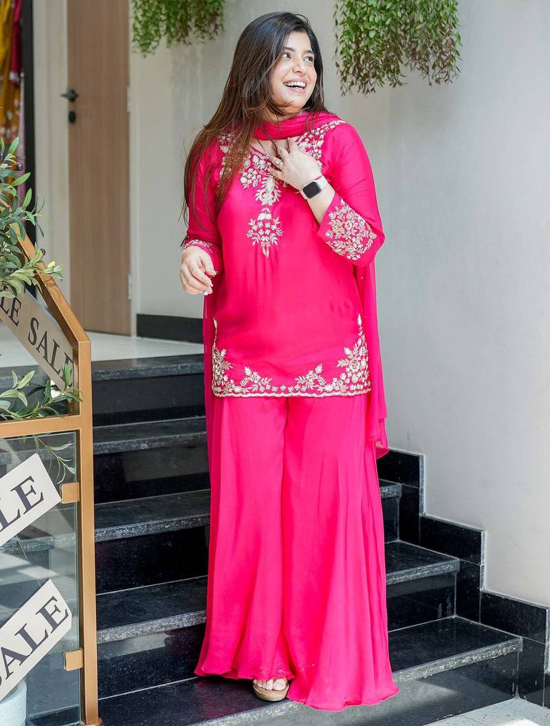 Designer hot pink embroidered crepe sharara suit set with nazmin dupatta for women