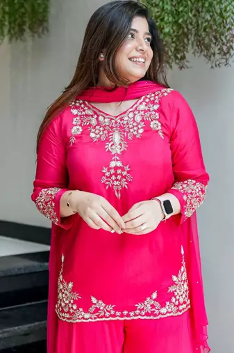 pink embroidered crepe sharara suit set with dupatta
