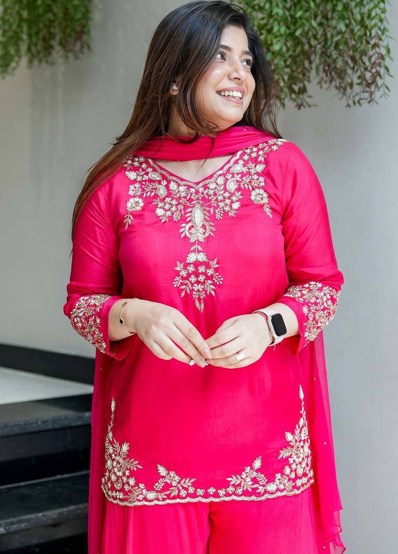 Designer hot pink embroidered crepe sharara suit set with nazmin dupatta for women