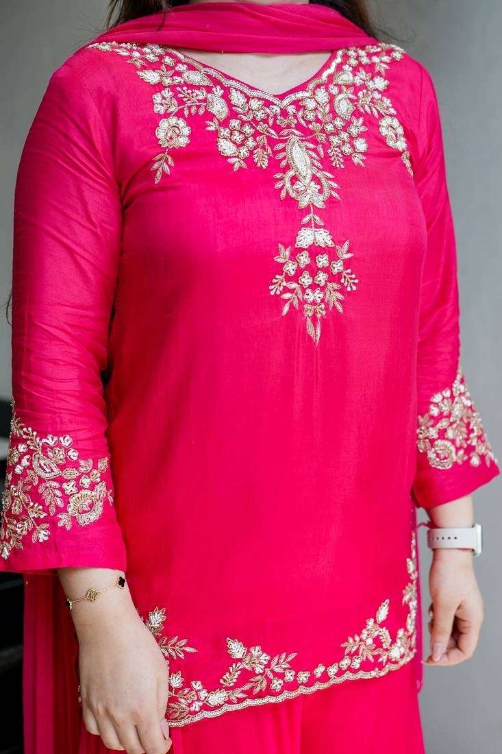 Designer hot pink embroidered crepe sharara suit set with nazmin dupatta for women