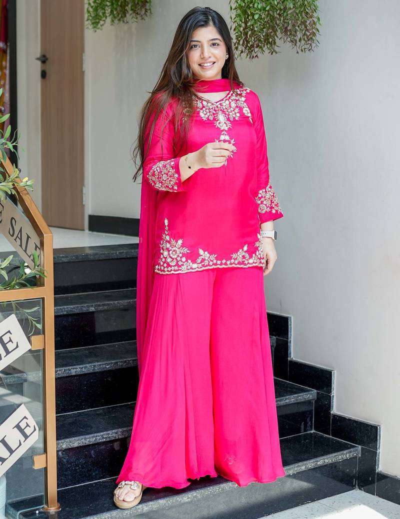 Designer hot pink embroidered crepe sharara suit set with nazmin dupatta for women