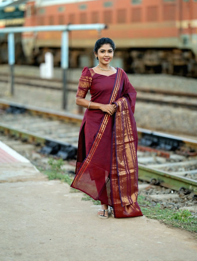 Maroon jaquard  kanchi cotton maxi kurti dupatta set