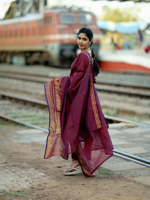 Maroon jaquard  kanchi cotton maxi kurti dupatta set 4
