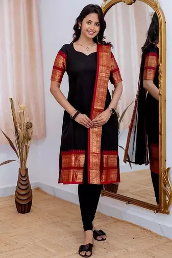 Black jaquard  kanchi cotton maxi kurti dupatta set