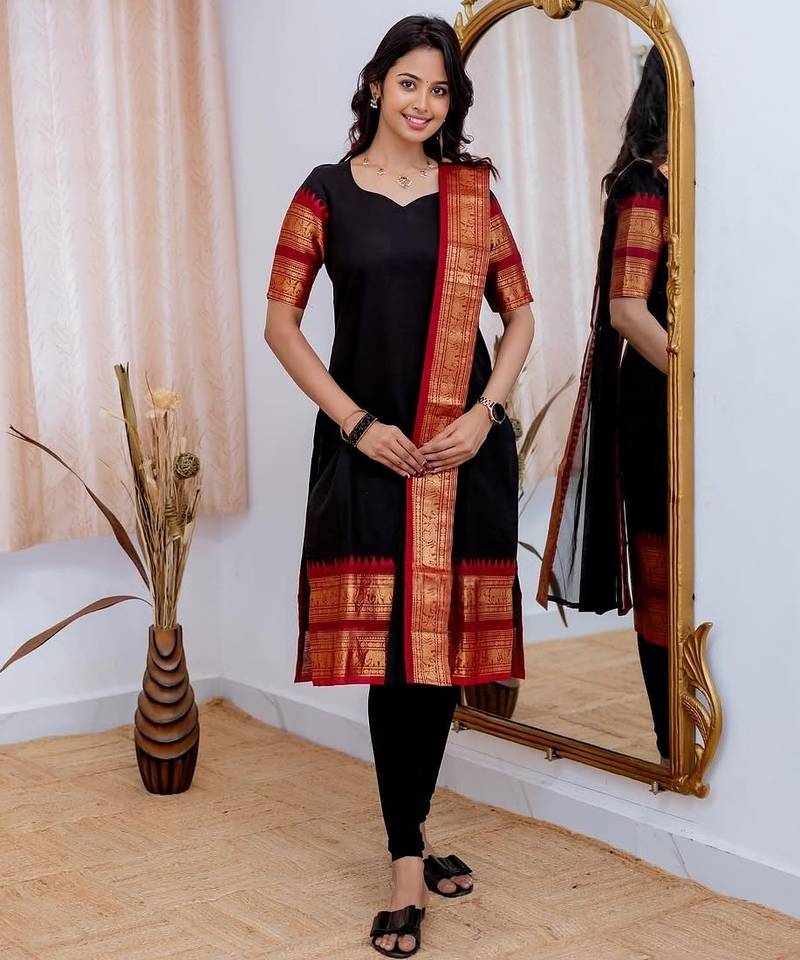 Black jaquard  kanchi cotton maxi kurti dupatta set