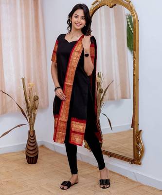 Black jaquard  kanchi cotton maxi kurti dupatta set 3