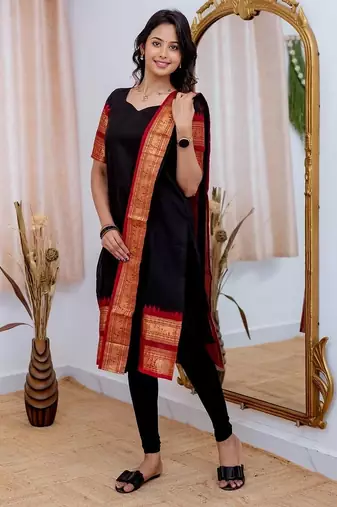 Black jaquard  kanchi cotton maxi kurti dupatta set