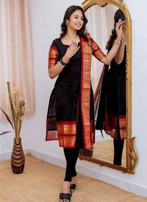 Black jaquard  kanchi cotton maxi kurti dupatta set 4