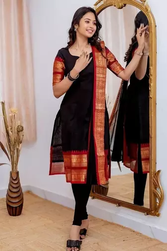 Black jaquard  kanchi cotton maxi kurti dupatta set