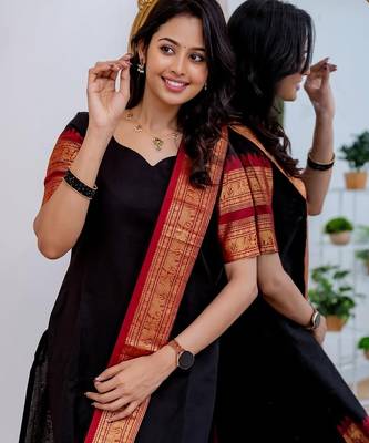Black jaquard  kanchi cotton maxi kurti dupatta set 5