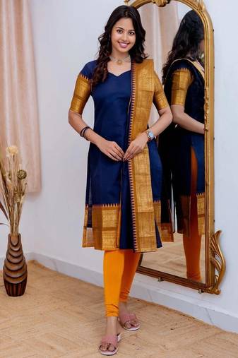 Blue jaquard  kanchi cotton maxi kurti dupatta set