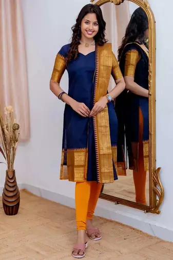 Blue jaquard  kanchi cotton maxi kurti dupatta set