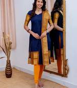 Blue jaquard  kanchi cotton maxi kurti dupatta set