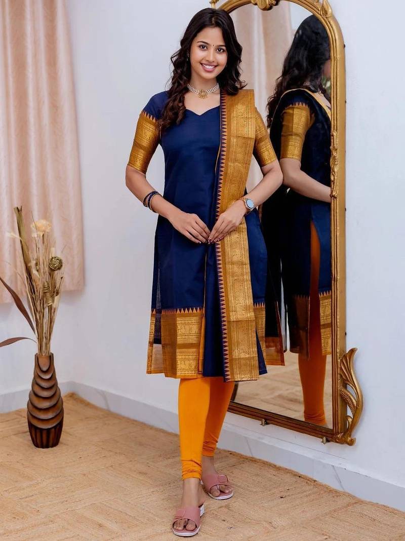 Blue jaquard  kanchi cotton maxi kurti dupatta set
