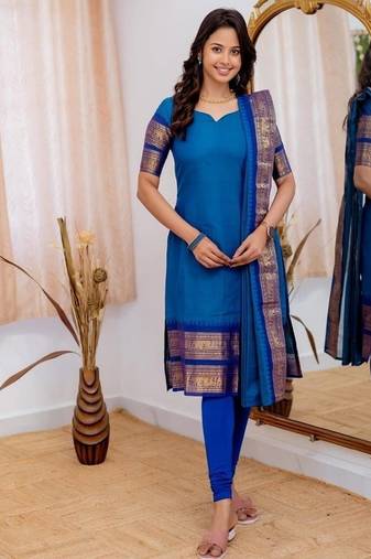 Firozi jaquard  kanchi cotton maxi kurti dupatta set