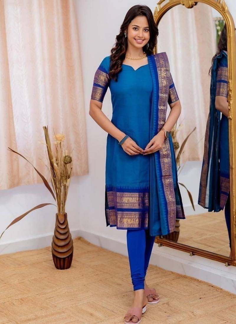 Firozi jaquard  kanchi cotton maxi kurti dupatta set