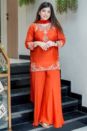 orange embroidered crepe sharara suit set with dupatta