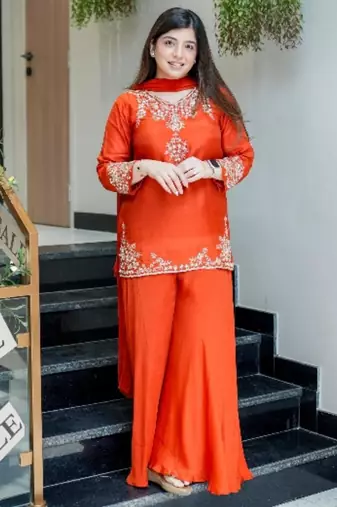 Designer orange embroidered crepe sharara suit set with nazmin dupatta for women