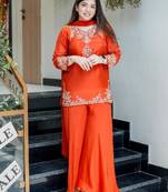 Designer orange embroidered crepe sharara suit set with nazmin dupatta for women