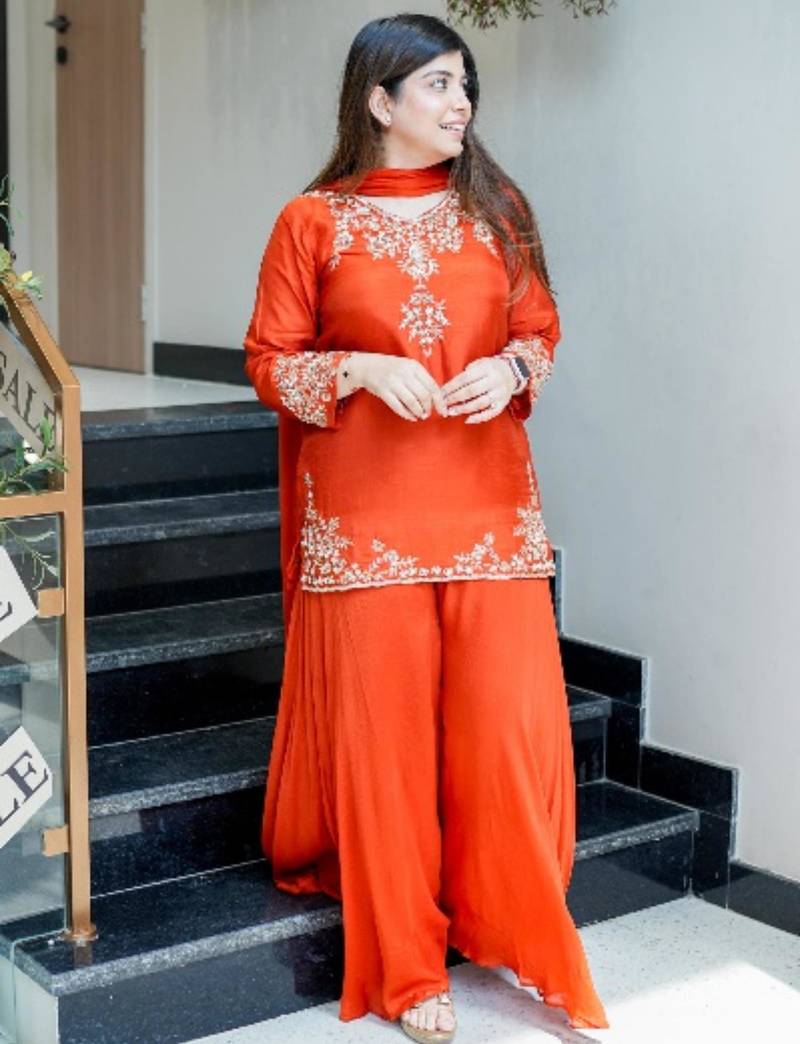 Designer orange embroidered crepe sharara suit set with nazmin dupatta for women