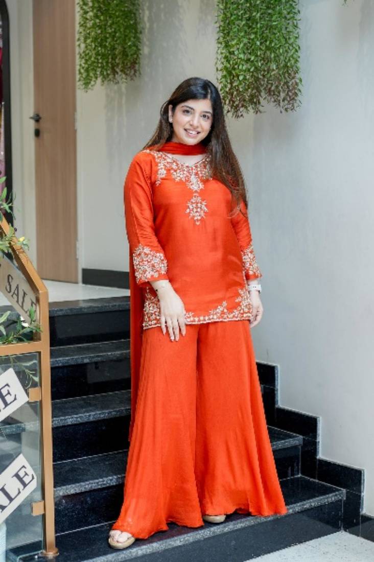 Designer orange embroidered crepe sharara suit set with nazmin dupatta for women