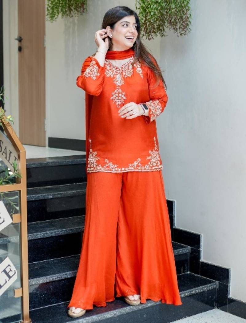 Designer orange embroidered crepe sharara suit set with nazmin dupatta for women
