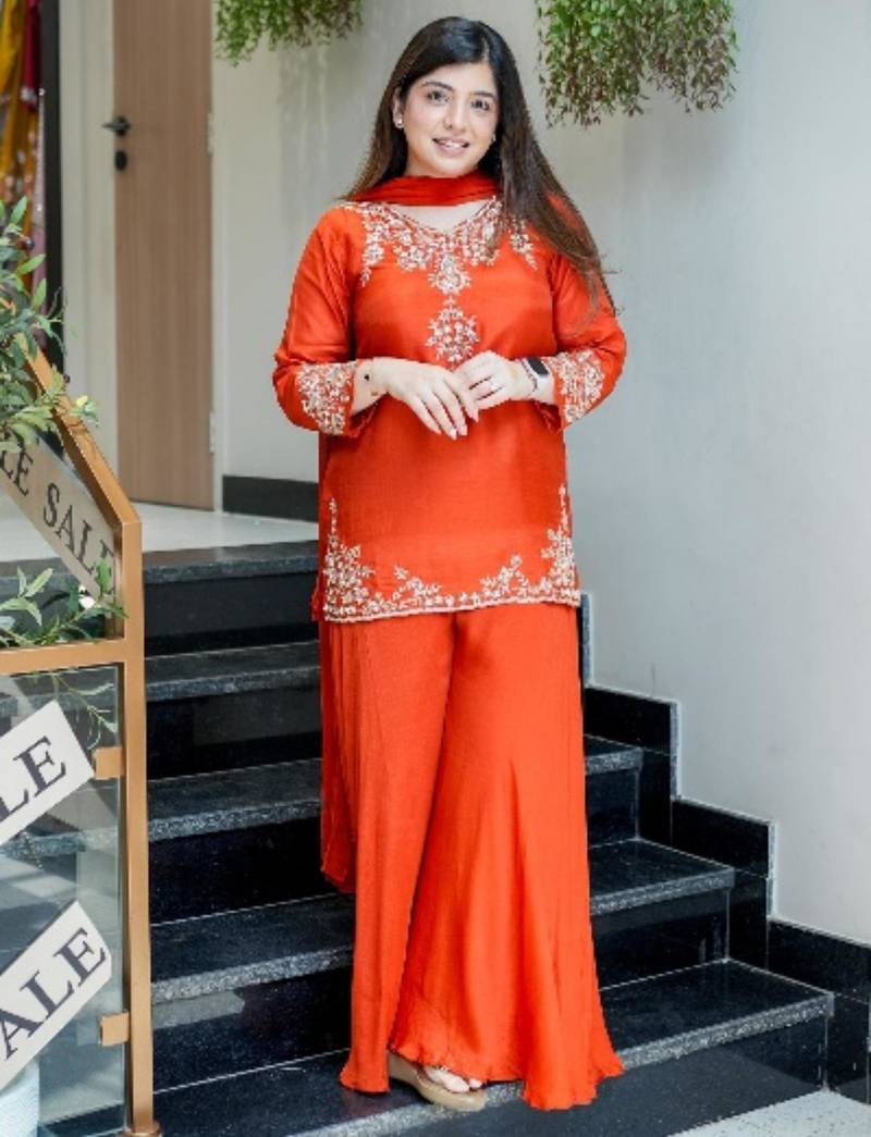 Designer orange embroidered crepe sharara suit set with nazmin dupatta for women