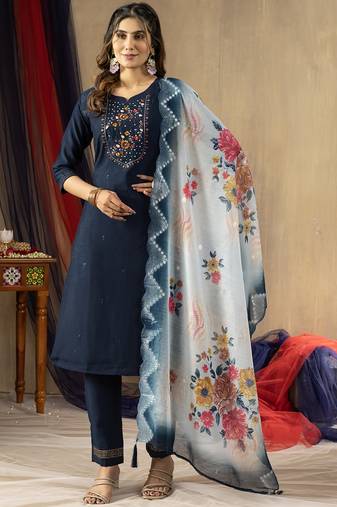 Blue elegant straight kurti pant dupatta set
