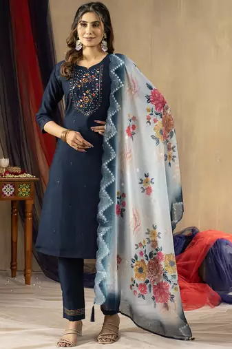 Blue elegant straight kurti pant dupatta set