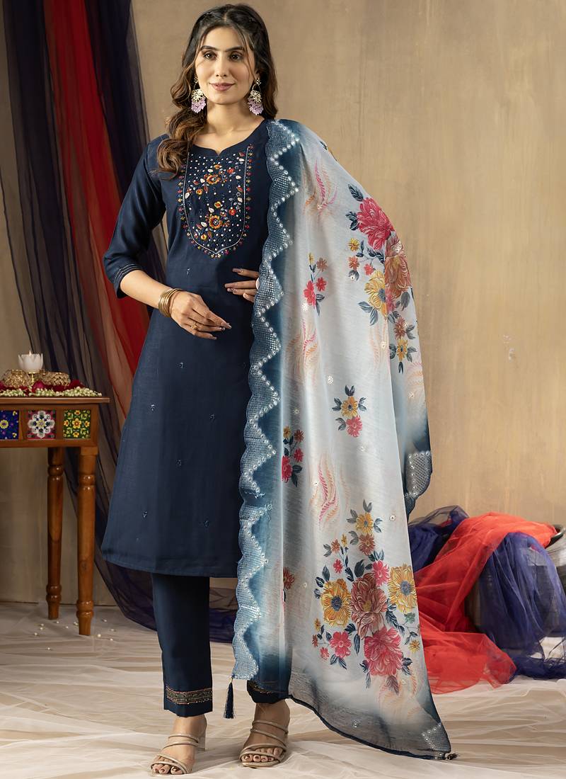 Blue elegant straight kurti pant dupatta set