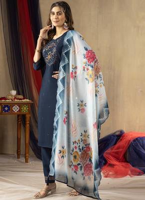 Blue elegant straight kurti pant dupatta set 2