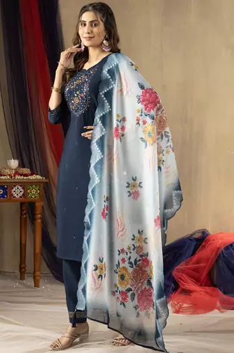 Blue elegant straight kurti pant dupatta set