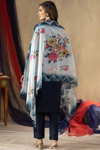 Blue elegant straight kurti pant dupatta set