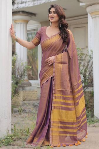 Mauve tissue linen saree with blouse