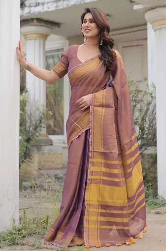Mauve tissue linen saree with blouse