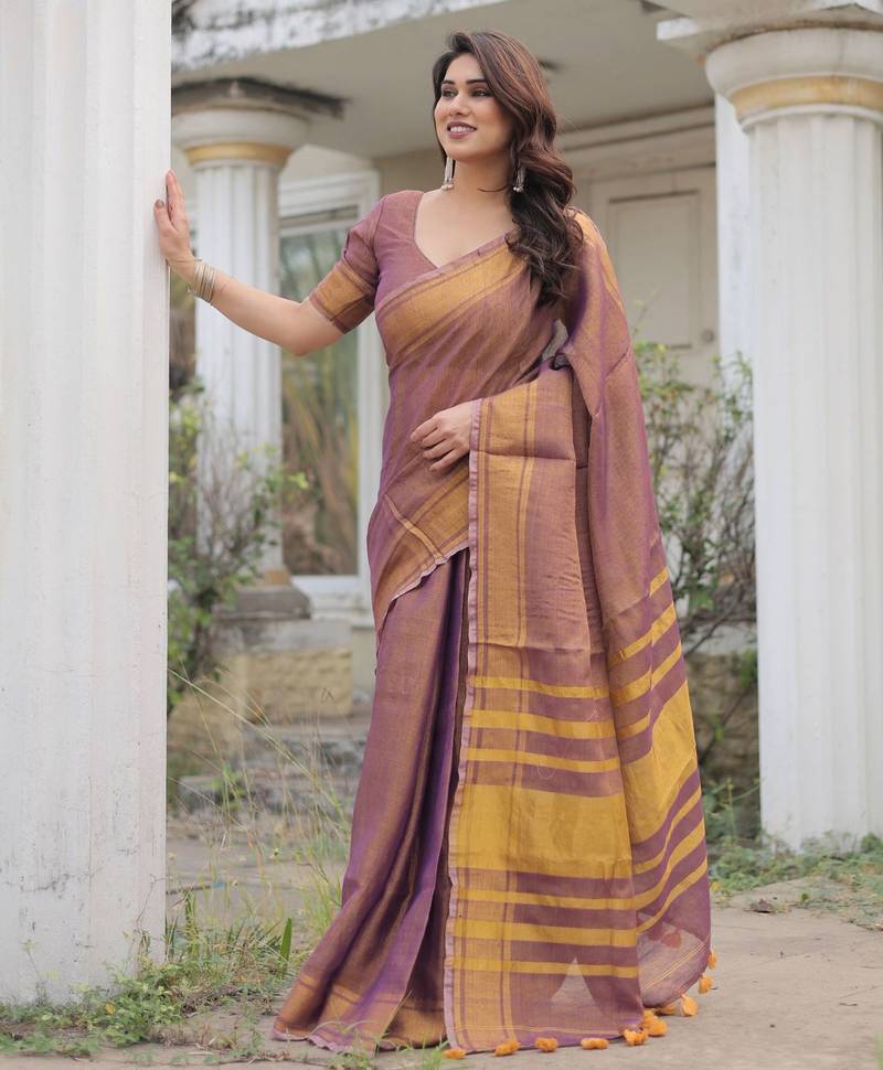 Mauve tissue linen saree with blouse