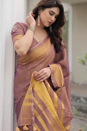 Mauve tissue linen saree with blouse