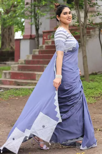 Dusty blue patch work cotton saree with blouse