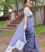 Dusty blue patch work cotton saree with blouse