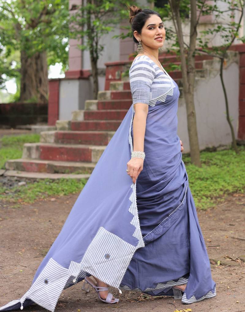 Dusty blue patch work cotton saree with blouse