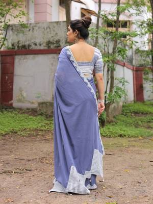 Dusty blue patch work cotton saree with blouse 2
