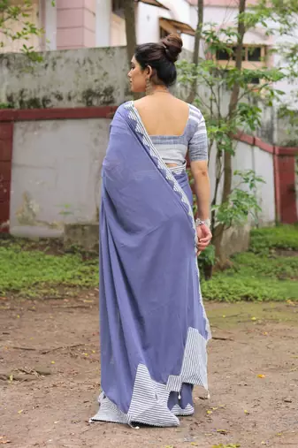 Dusty blue patch work cotton saree with blouse