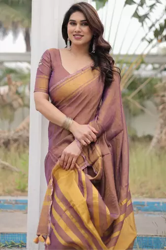 Mauve tissue linen saree with blouse
