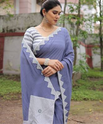Dusty blue patch work cotton saree with blouse 3