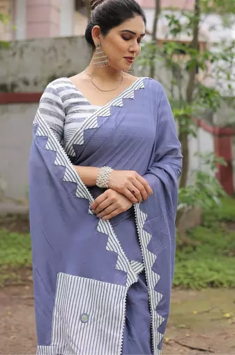 Dusty blue patch work cotton saree with blouse