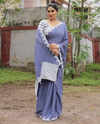 Dusty blue patch work cotton saree with blouse 4